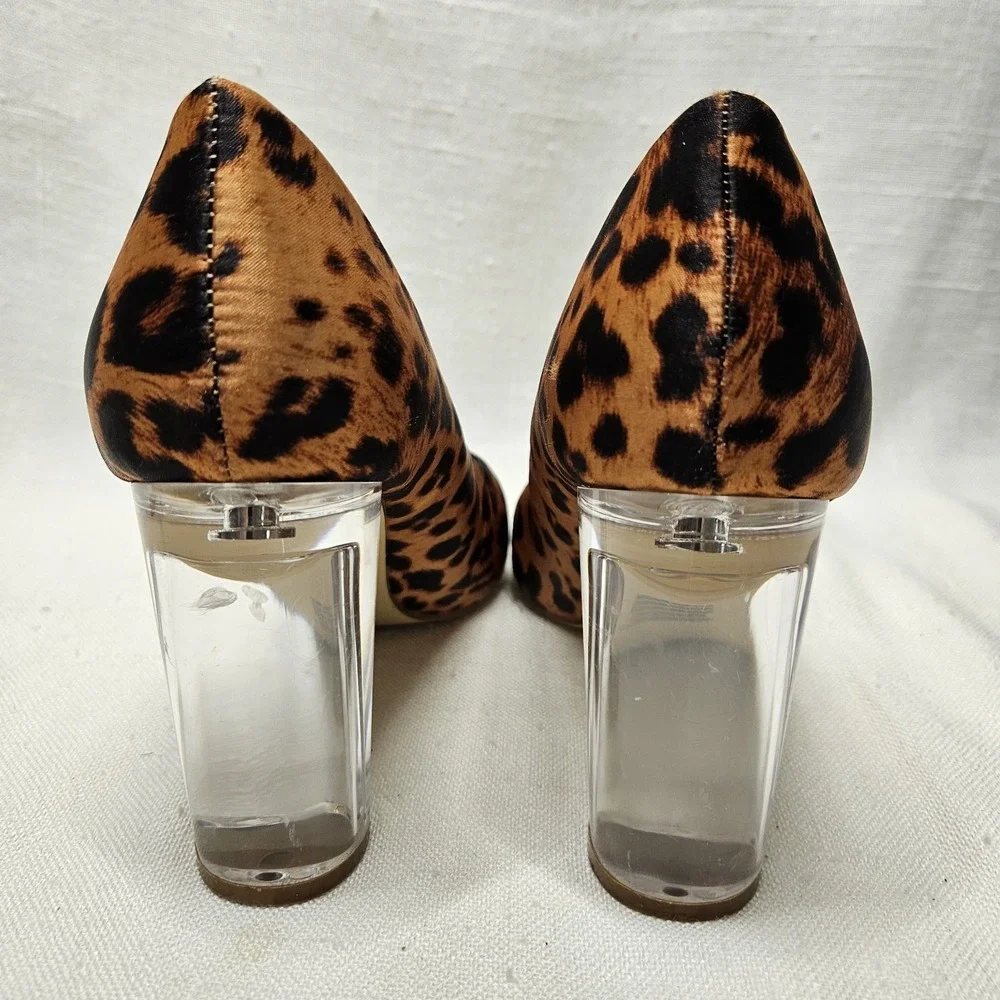 Woolworths Pumps Womens 5 Tan Leopard Animal Print Lucite Clear Block Heel Shoes